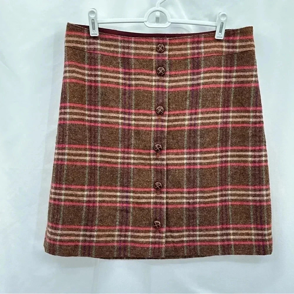 Talbots Plaid Skirt Women 12P Brown Pink Wool Blend Button Front A-Line PH5090